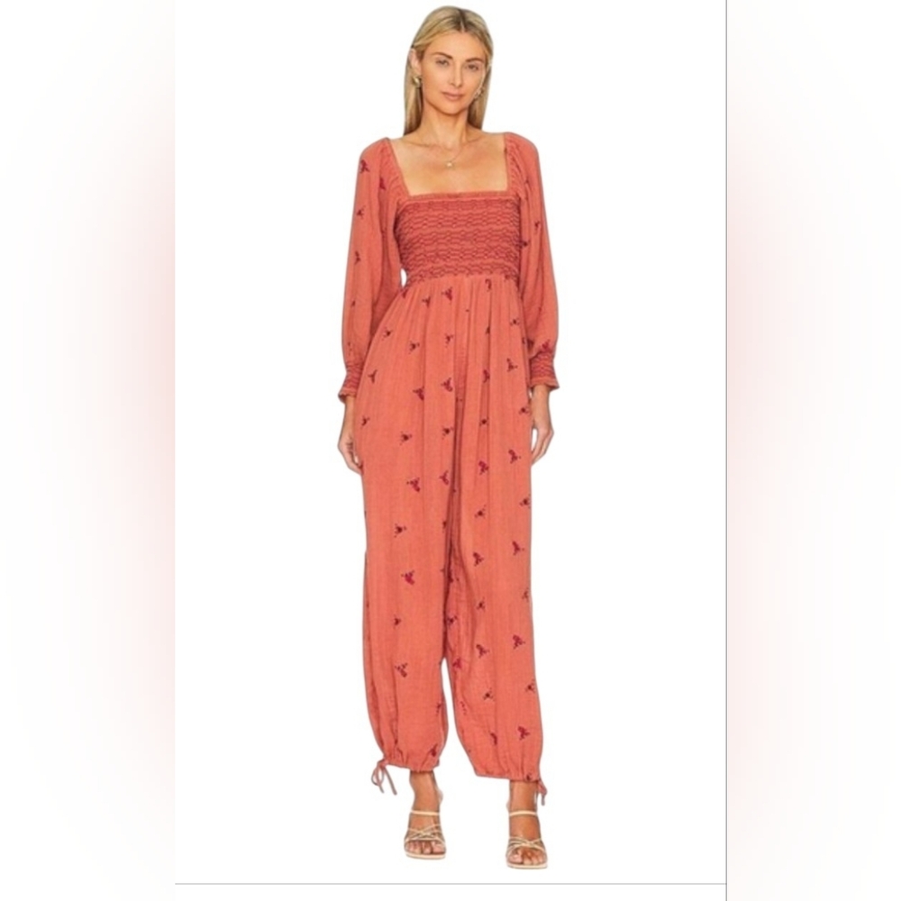 Free People Dahlia Embroidered Floral Smocked Warmstone Jumpsuit Size Large